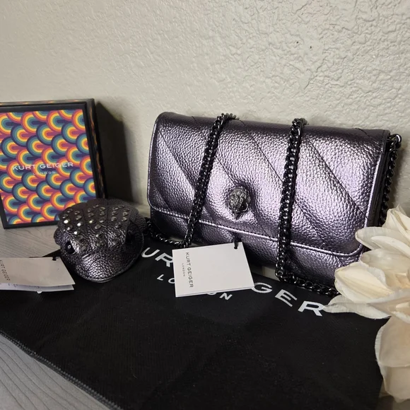 Kurt Geiger Gunmetal Metallic Crossbody/wallet NWT. With Eagle Head Change Pouch - Picture 3 of 12